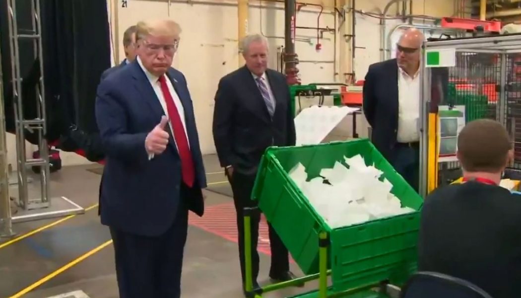Trump Tours Mask Factory Without Mask as “Live or Let Die” Plays Over Loudspeaker
