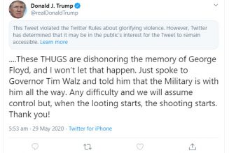 Twitter restricts Trump tweet for ‘glorifying violence’