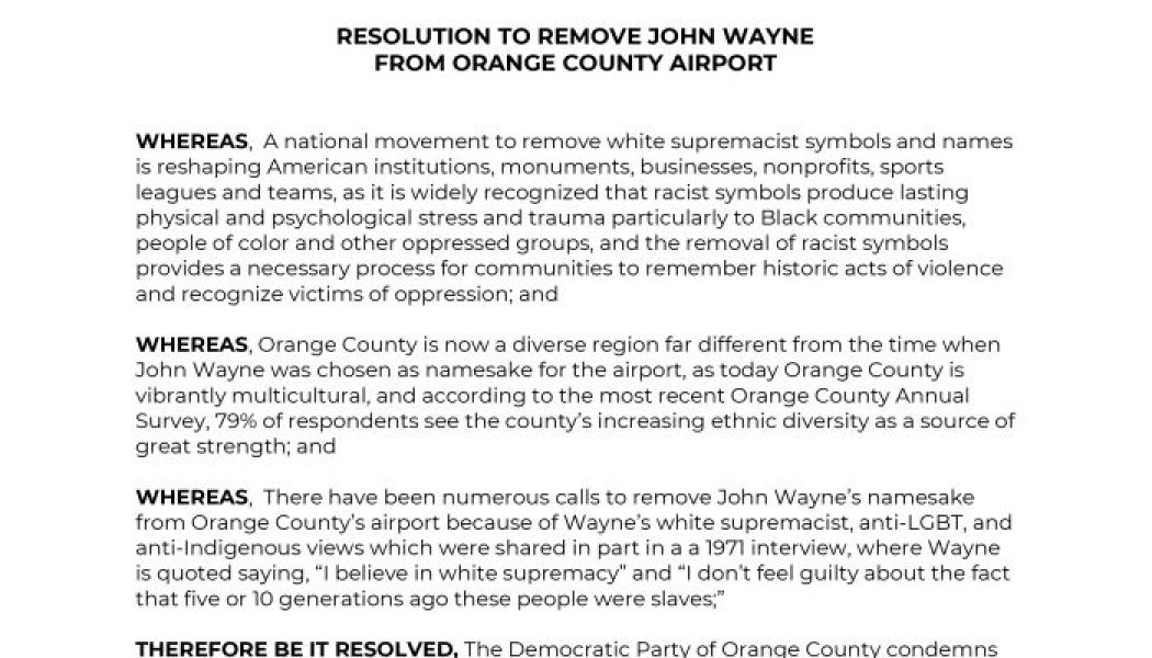 Resolution Calls for John Wayne Airport to Be Renamed