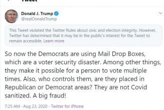 Twitter says President Trump’s tweet about mail drop boxes violated its rules but will stay visible