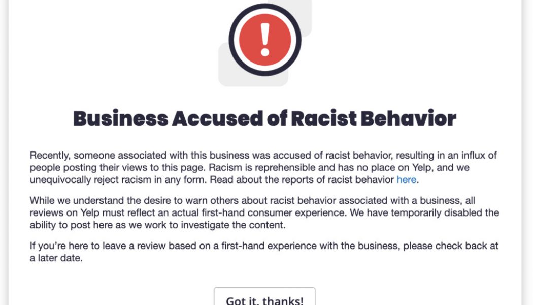 Yelp will alert users when a business has been accused of racist behavior