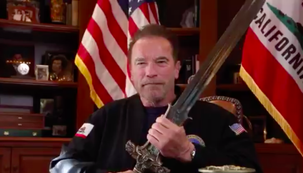 Arnold Schwarzenegger Gives Rousing Speech Defending Democracy While Holding Sword: Watch