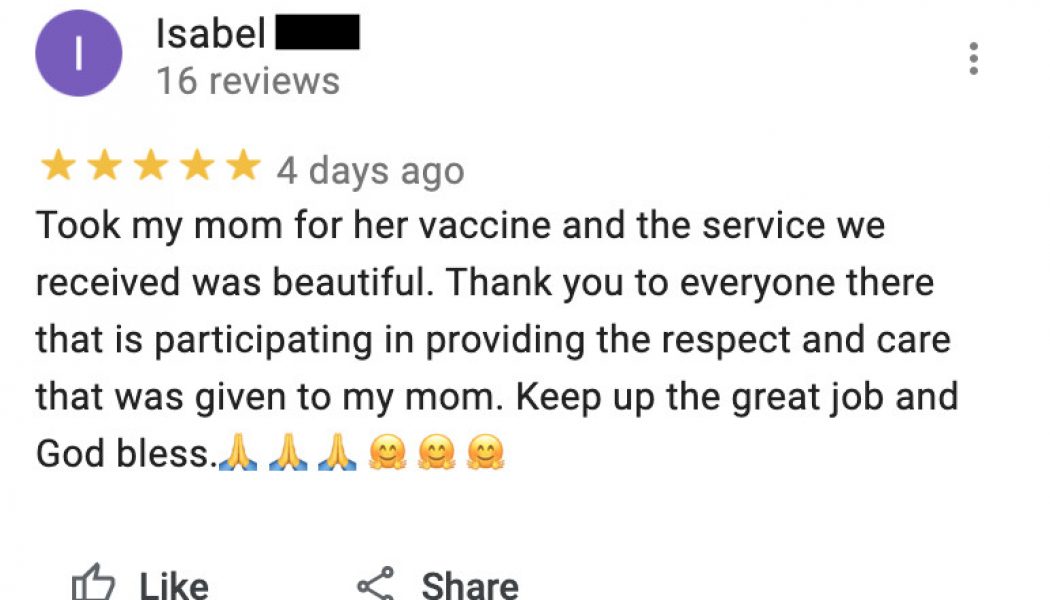 I love the earnest Google reviews of vaccination sites