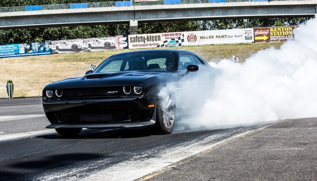 Dodge Challenger Hellcat Leaves Car Event, Immediately Tips Over Chevy Silverado