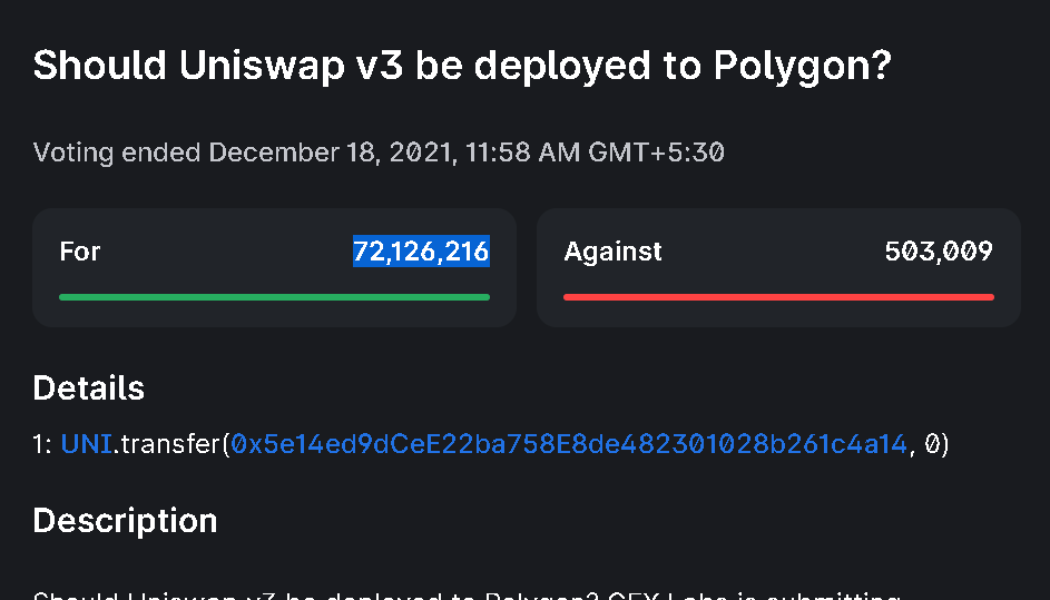 Uniswap v3 contracts deployment on Polygon approved with 99.3% consensus