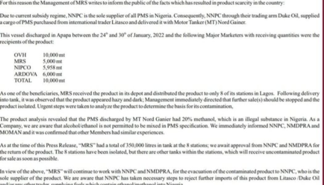 shipment of adulterated petrol was brought into Nigeria by Duke Oil