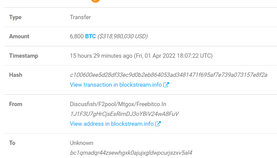 Mt. Gox wallet transfers 6,800 BTC as ex-CEO plans to redistribute $6B