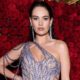 Lily James’s Met Gala Gown Is Covered Entirely in Metallic Blue Pearls