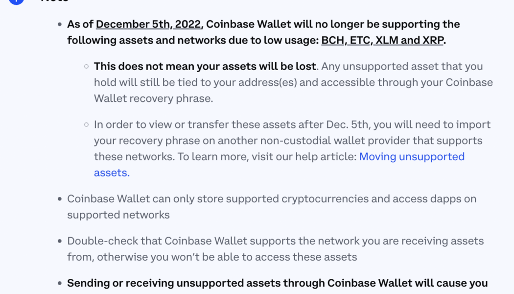 Coinbase Wallet will stop supporting BCH, ETC, XLM and XRP, citing ‘low usage’