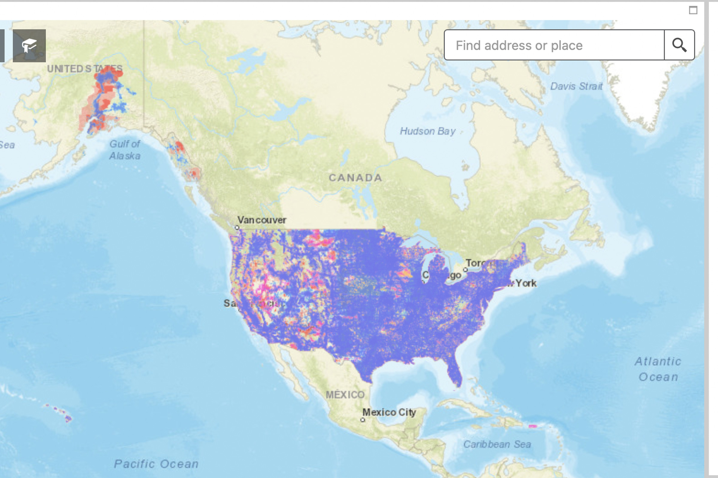Map of the US and Canada, with multicolor shading.