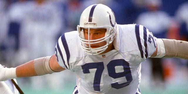 Joe Staysniak, #79 of the Indianapolis Colts, in action against the New York Giants during an NFL football game Dec. 12, 1993 at Giants Stadium in East Rutherford, New Jersey. Staysniak played for the Colts from 1992-95.