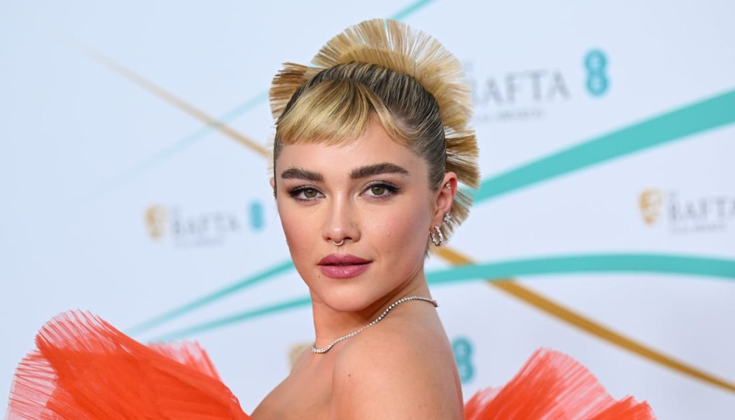 Florence Pugh Matches her Sheer Ruffled Dress to her Spiky Hair at the 2023 BAFTAs