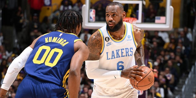 LeBron James, #6 of the Los Angeles Lakers, handles the ball during the game against the Golden State Warriors on Feb.  23, 2023 at Crypto.Com Arena in Los Angeles.