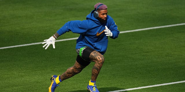 Odell Beckham Jr. of the Los Angeles Rams warms up prior to the Super Bowl against the Cincinnati Bengals at SoFi Stadium Feb. 13, 2022, in Inglewood, Calif.
