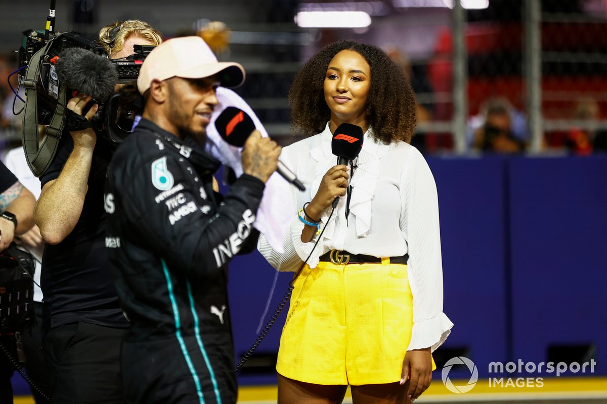 Lewis Hamilton, Mercedes AMG, is interviewed after Qualifying by Naomi Schiff, Sky TV