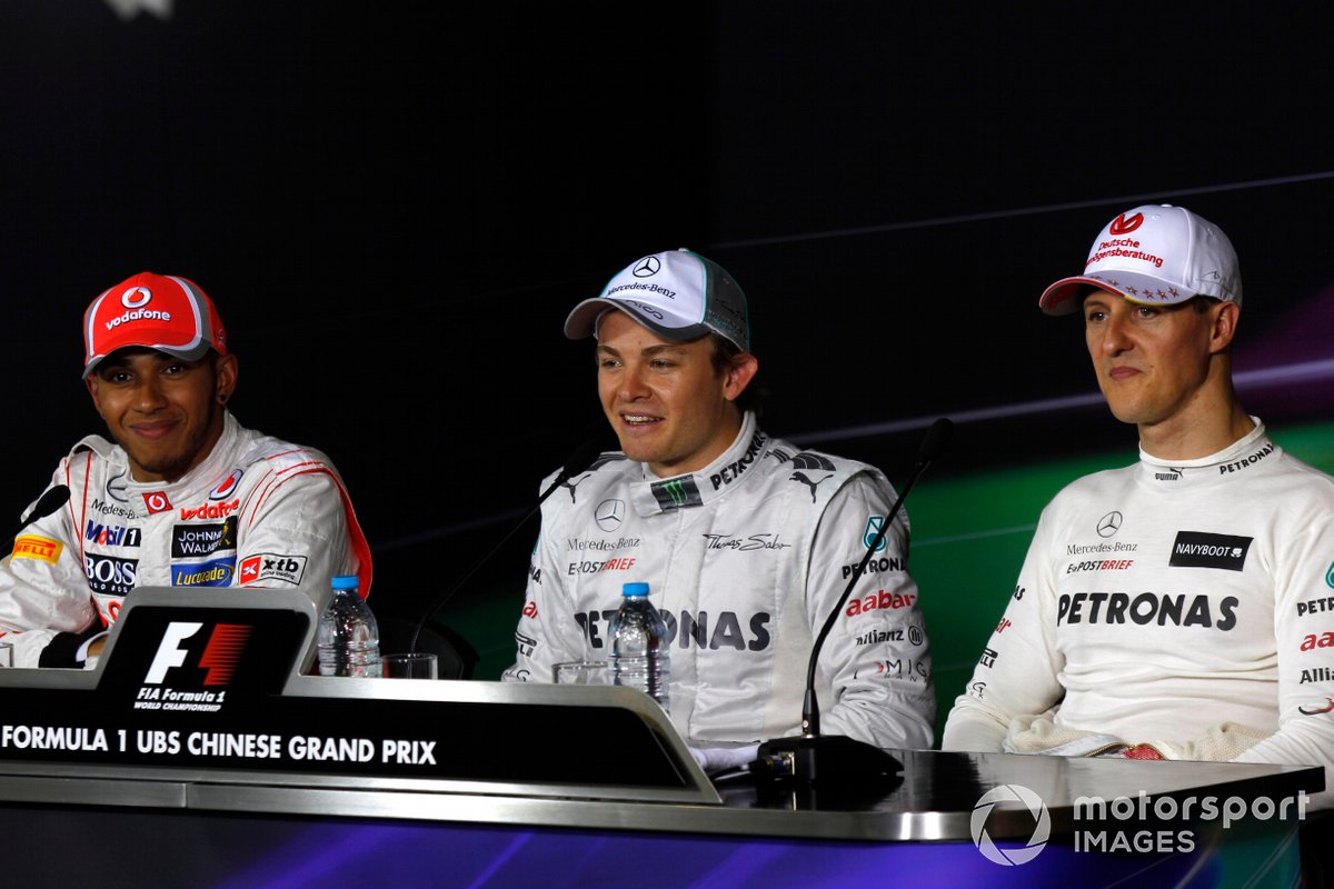 Nico Rosberg, Mercedes AMG, Lewis Hamilton, McLaren, and Michael Schumacher, Mercedes AMG, in the post qualifying Press Conference