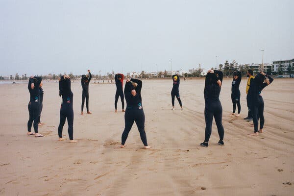 The group learning to surf in Essaouira, Morocco.