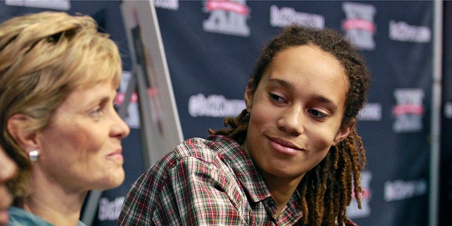 Baylor's head coach Kim Mulkey and Brittney Griner talk to the press during the women's Big 12 basketball media day at American Airlines Center in Dallas, Oct. 25, 2012.