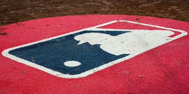 A general view of the MLB logo on the on-deck circle during the game between the New York Mets and the Cincinnati Reds at Great American Ball Park on July 5, 2022 in Cincinnati.