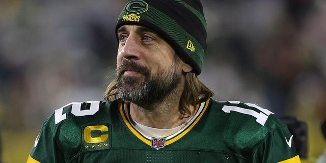Aaron Rodgers of the Packers leaves the field after the Cleveland Browns game at Lambeau Field on Dec. 25, 2021, in Green Bay, Wisconsin.