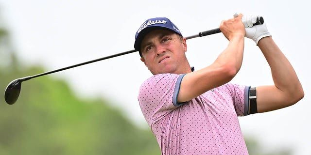 Justin Thomas plays his shot from the second tee during the third round of the Valspar Championship at Innisbrook Resort and Golf Club on March 18, 2023 in Palm Harbor, Florida.