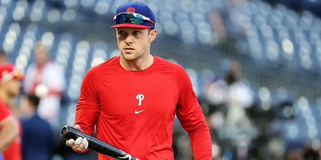 Rhys Hoskins of the Philadelphia Phillies during batting practice prior to the start of Game 3 of the 2022 World Series at Citizens Bank Park Nov. 1, 2022, in Philadelphia.