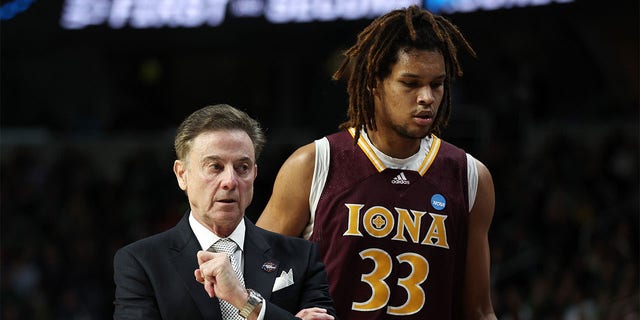 Head coach Rick Pitino of the Iona Gaels in the first half against the Connecticut Huskies during the first round of the NCAA Tournament at MVP Arena March 17, 2023, in Albany, N.Y.