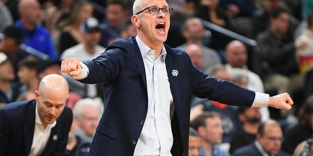 UConn Huskies head coach Dan Hurley reacts to a call during the NCAA Division I Men's Championship Elite Eight round basketball game between the Gonzaga Bulldogs and the UConn Huskies on March 25, 2023 at T-Mobile Arena in Las Vegas.