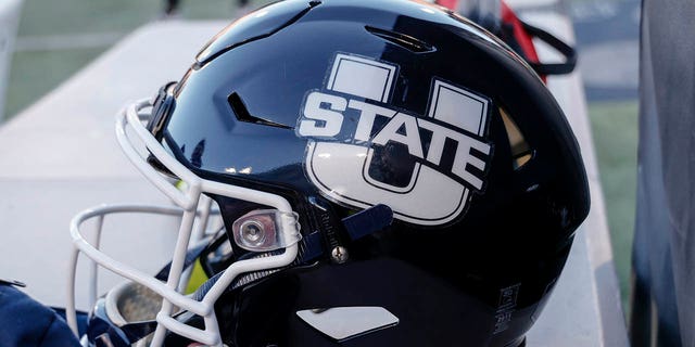 A Utah State Aggies helmet sits on the bench during the SERVPRO First Responder Bowl between the Memphis Tigers and the Utah State Aggies Dec. 27, 2022, at Gerald J. Ford Stadium in Dallas, Texas.