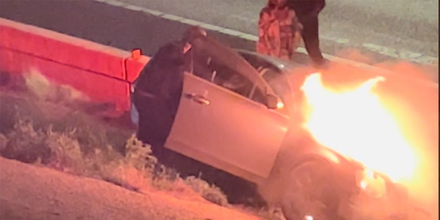 A vehicle on fire following a car crash in Austin, Texas on March 5, 2023.