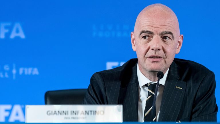 Gianni Infantino, the current president of FIFA, attends the FIFA Council Meeting at which FIFA officially announces that 2021 FIFA Club World Cup will be held in China, in Shanghai, China, 24 October 2019. (Imaginechina via AP Images)
