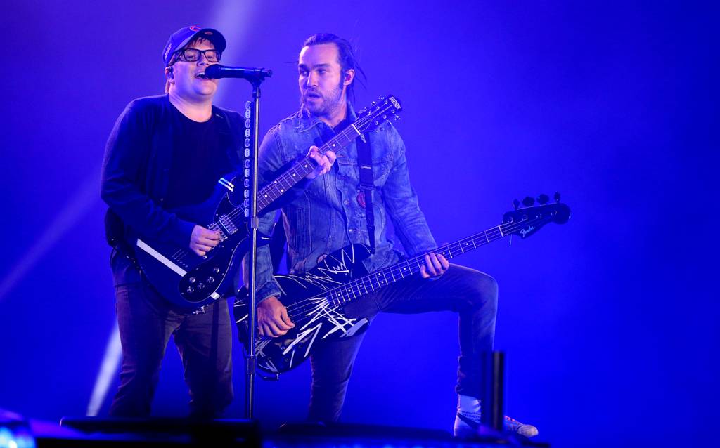 Patrick Stump, left, and Pete Wentz of Fall Out Boy perform at Wrigley Field on Sept. 8, 2018.