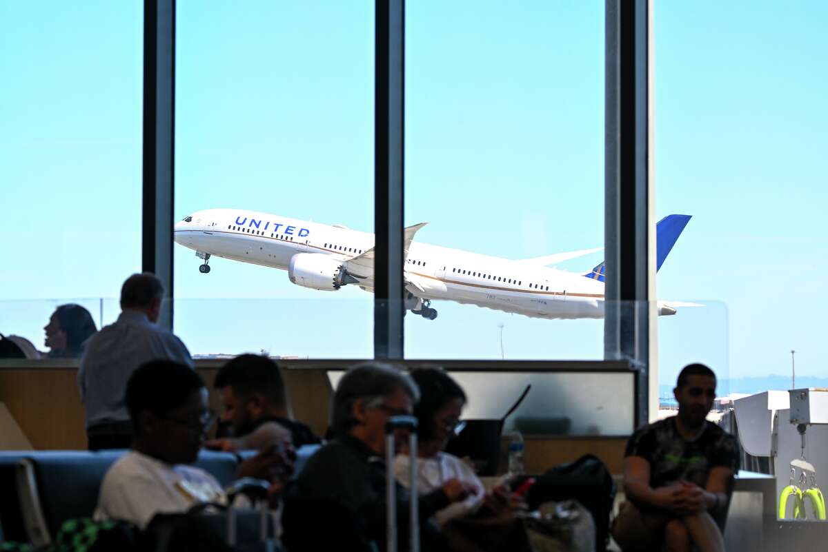 A United Airlines plane takes off from SFO on April 22, 2023.