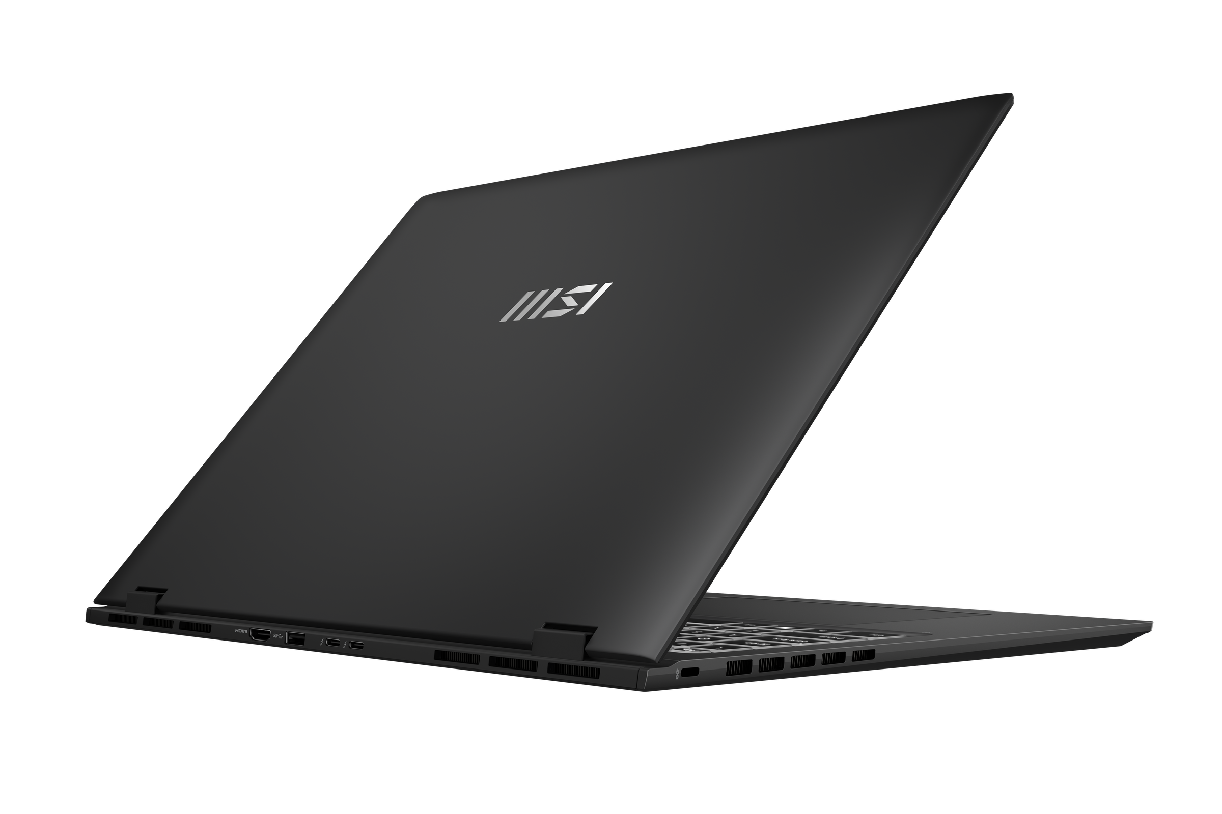 The MSI Prestige 16 half open seen from behind.