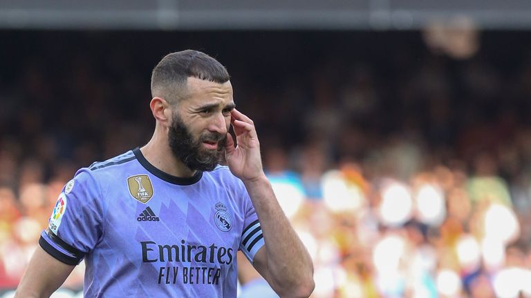 Real Madrid's Karim Benzema reacts during a Spanish La Liga soccer match between Valencia and Real Madrid, at the Mestalla stadium in Valencia, Spain, Sunday, May 21, 2023. (AP Photo/Alberto Saiz)