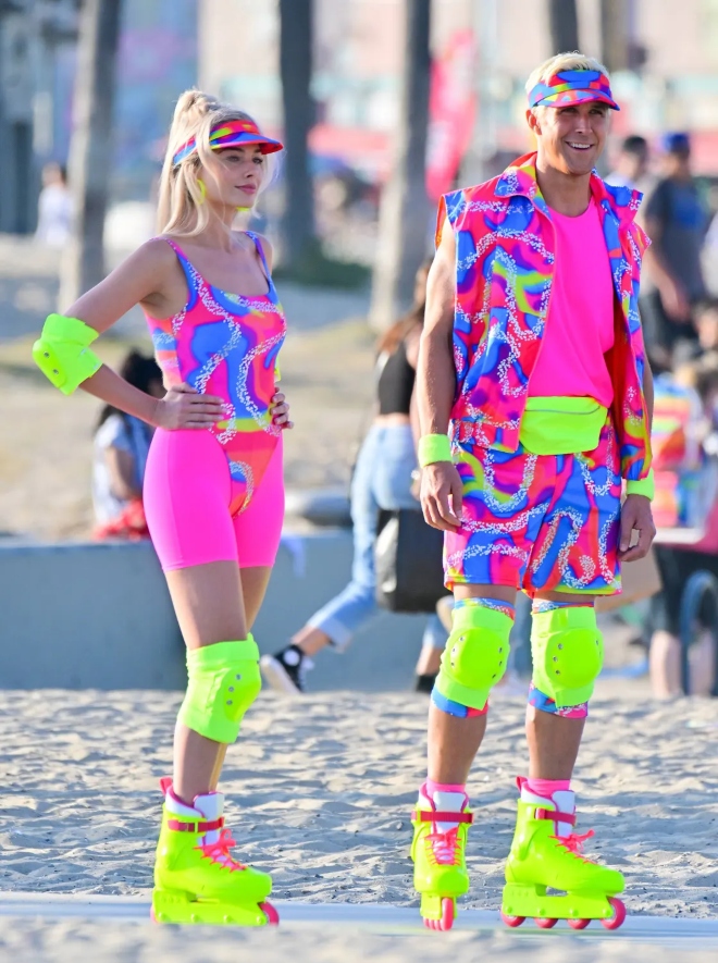 Margot Robbie and Ryan Gosling on set of Gerwig's Barbie film. 