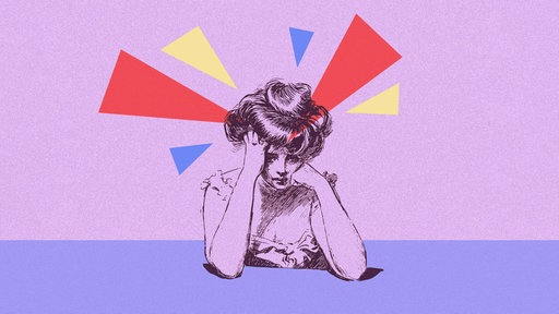 Ilustration: Eine sorgenvolle Frau im Vintage Stil mit bunten geometrischen Formen, die über ihrem Kopf schweben. | Bildquelle: mauritius images / C. Peiró / Alamy / Alamy Stock Photos Ilustration: Eine sorgenvolle Frau im Vintage Stil mit bunten geometrischen Formen, die über ihrem Kopf schweben.