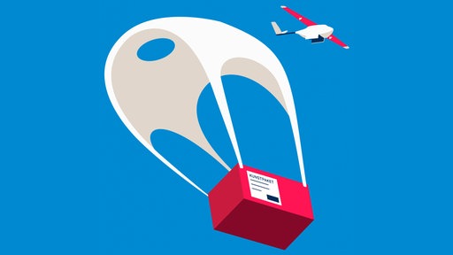 Illustration: Drohne wirft ein Kunstpaket ab. | Bildquelle: picture alliance / Ikon Images/Josh McKible | Gestaltung: WDR Hörspiel Illustration: Drohne wirft ein Kunstpaket ab.