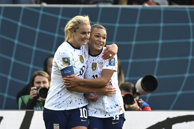 United States' Lindsey Horan, left, celebrates with United States' Sophia Smith after scoring her side's 3rd goal during the Women's World Cup Group E soccer match between the United States and Vietnam at Eden Park in Auckland, New Zealand, Saturday, July 22, 2023. (AP Photo/Andrew Cornaga)