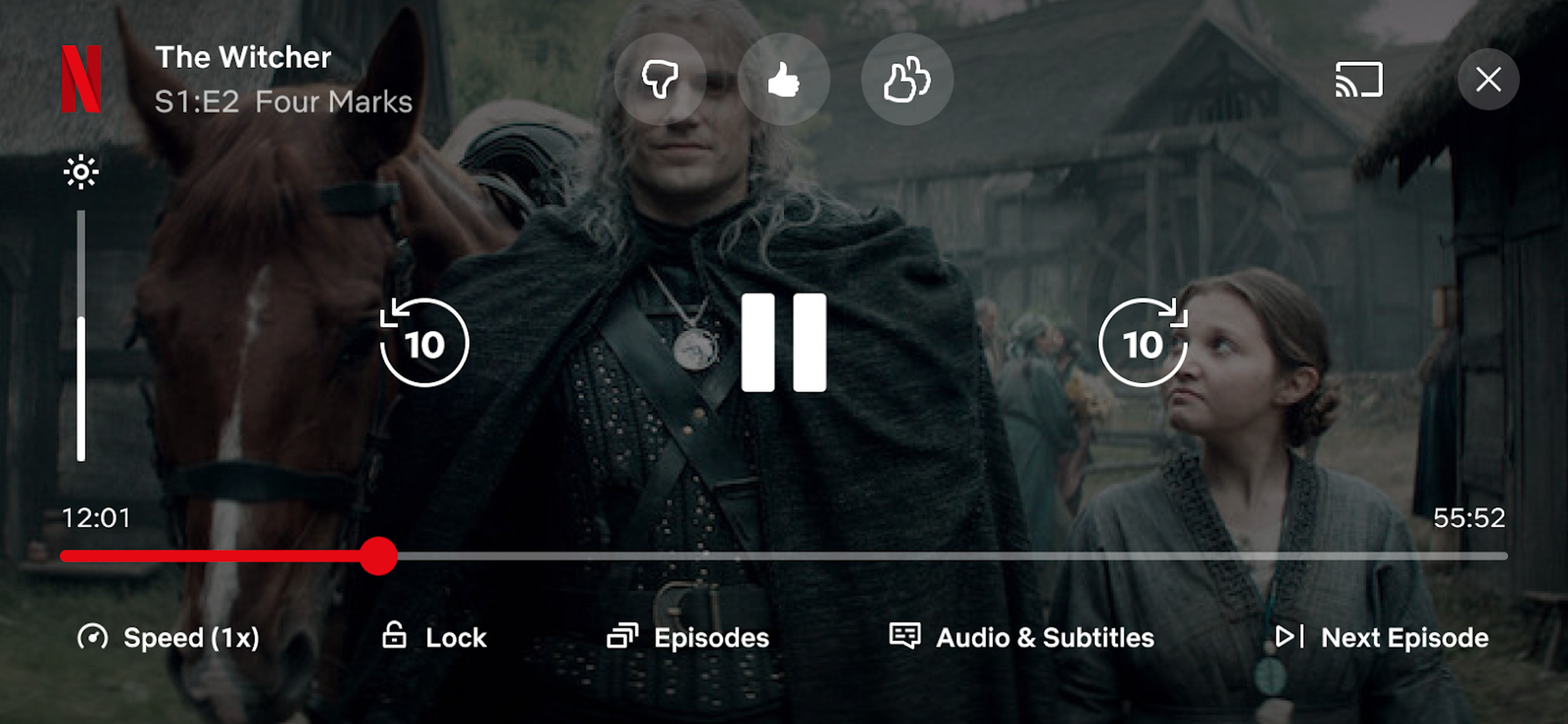 A Netflix screenshot of what you see when you tap the screen on a mobile device. There are three new buttons at the top for thumbs down, thumbs up, and double thumbs up.