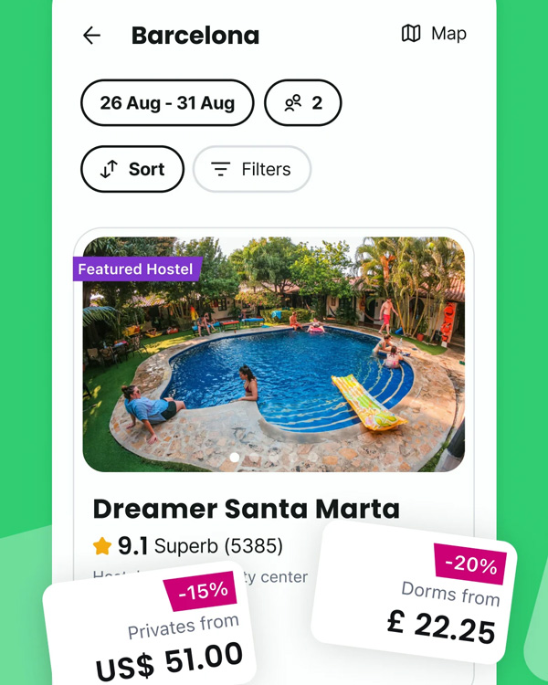 A screenshot of Hostelworld app