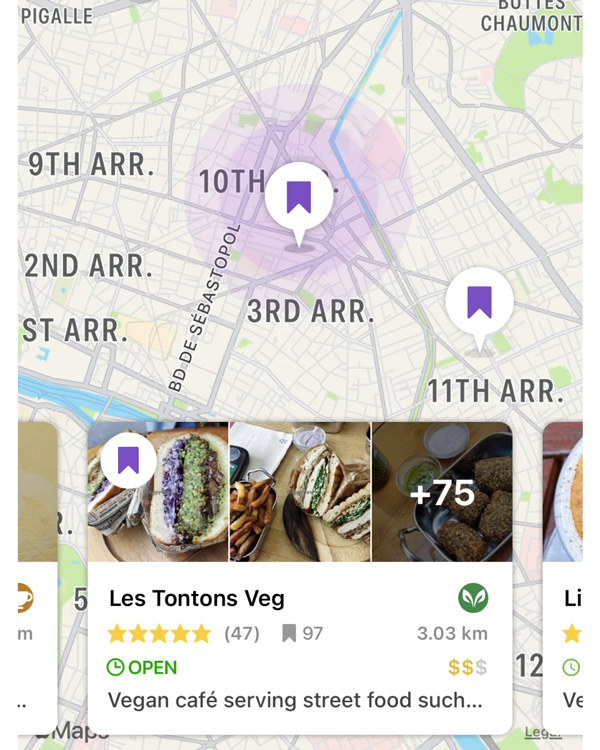 A screenshot of HappyCow app