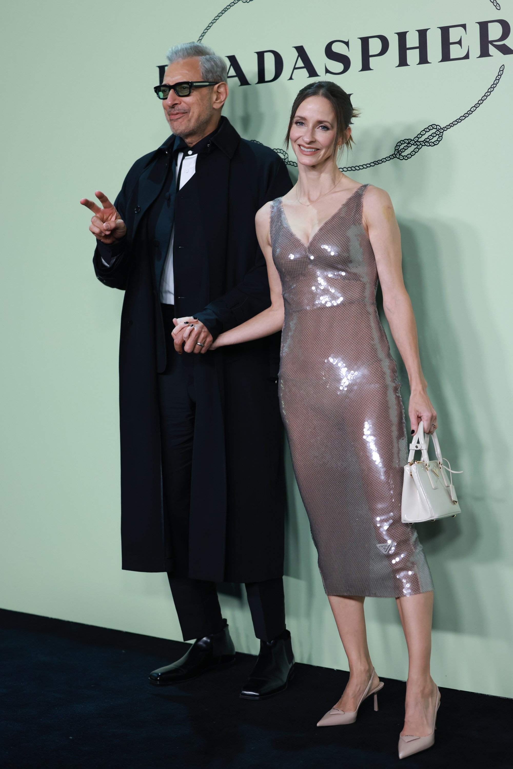 Hollywood actor Jeff Goldblum and Canadian dancer and former Olympian Emilie Livingston at Prada Pradasphere II exhibition opening ceremony on December 6, in Shanghai, China. Photo: Getty Images