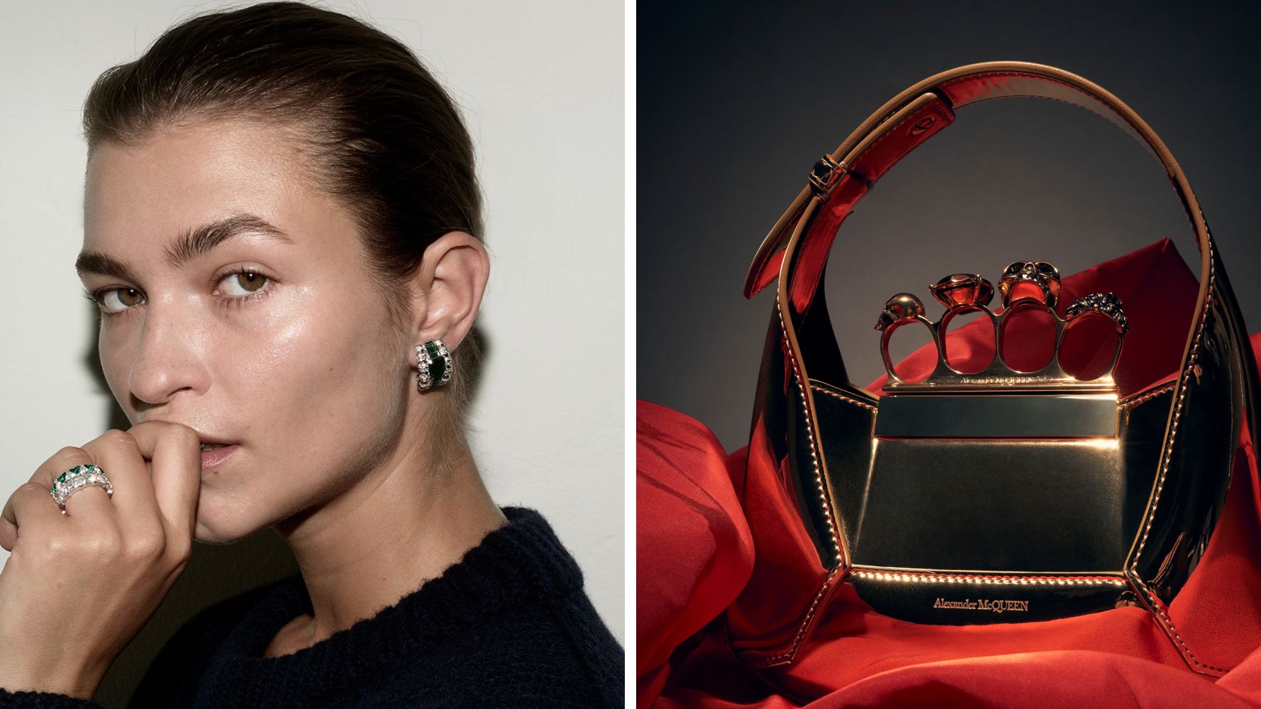Best Luxury Gifts for Women 2023 a composite of an alexander mcqueen bag and a model wearing dorsey jewelry in a guide to the best luxury gifts for women 2023
