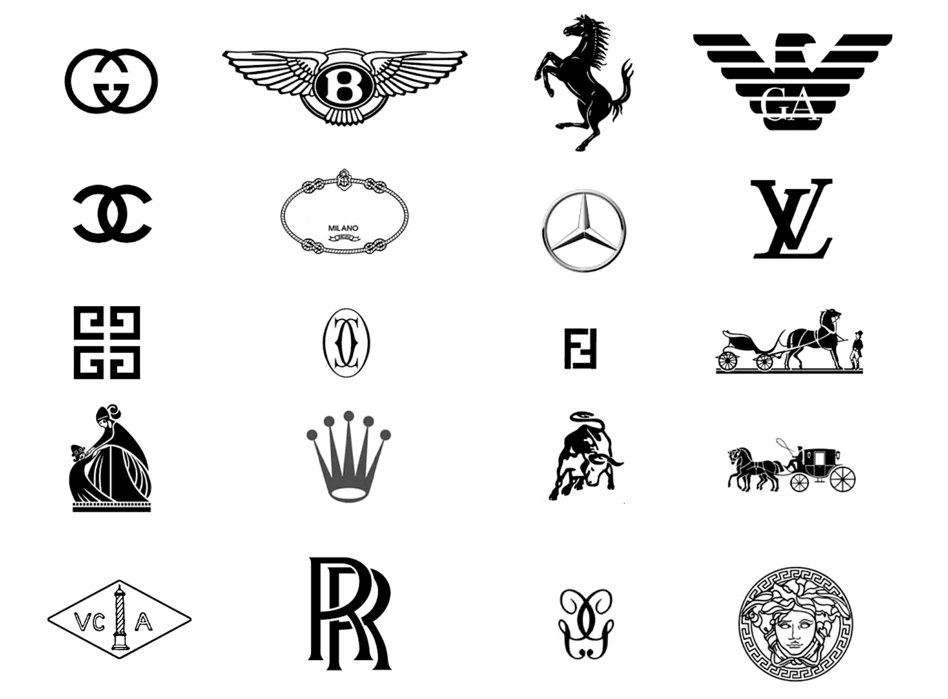 The logos of various luxury brands.