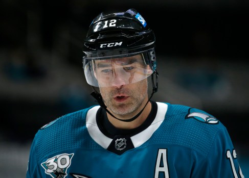 SAN JOSE, CALIFORNIA - MAY 12: San Jose Sharks' Patrick Marleau (12) waits for a face-off against the Vegas Golden Knights in the third period at the SAP Center in San Jose, Calif., on Wednesday, May 12, 2021. (Nhat V. Meyer/Bay Area News Group)
