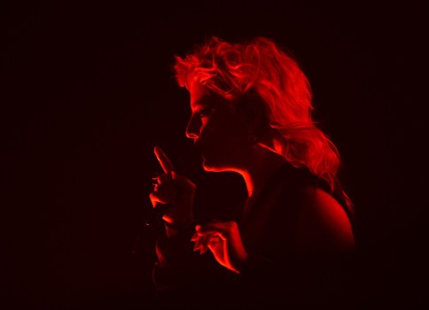 Boy Harsher’s Jae Matthews performs at the Sonora stage during the Coachella Valley Music and Arts Festival at the Empire Polo Club in Indio on Sunday, April 21, 2024. (Photo by Jennifer Cappuccio Maher, Contributing Photographer)

