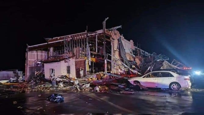 Storm damage in Denton, Texas on Sunday, May 26, 2024.