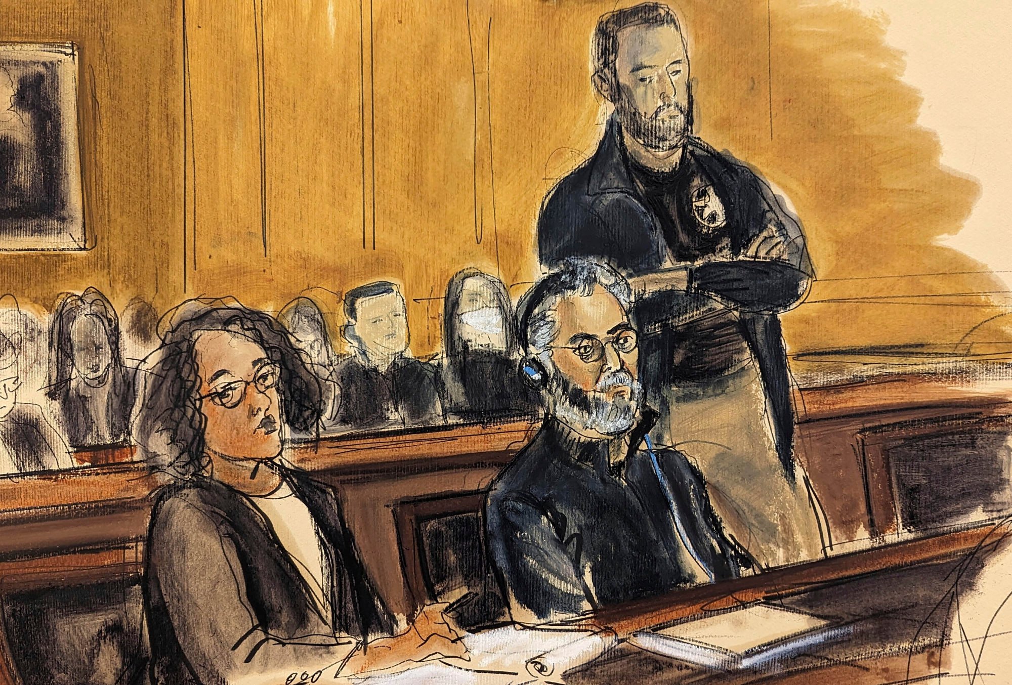 Guo Wengui (seated centre) appears in federal court in New York in March 2023. Courtroom sketch: Elizabeth Williams via AP