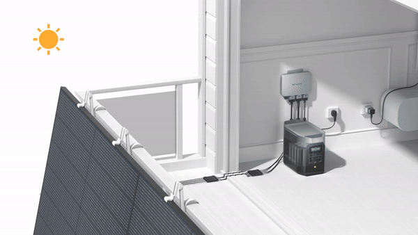 Balcony-mounted solar panels feed the sun’s energy through the PowerStream microinverter and back into a battery and / or the home over a regular AC outlet. A special flat cable allows the window to close. GIF: EcoFlow